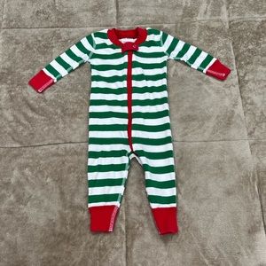 Hanna Andersson Christmas Holiday zip up Pajamas green and white stripes 3-6 mon